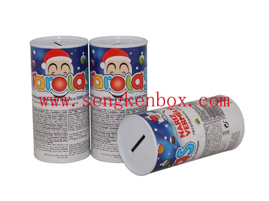 Money Bank Paper Packaging Cardboard Cansiter with Tin Coin Slot