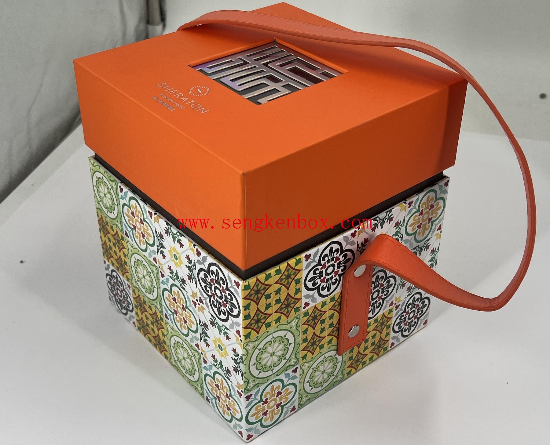Geschenkbox mit Deckel und Boden für Schokoladenverpackung mit Ledergriff
