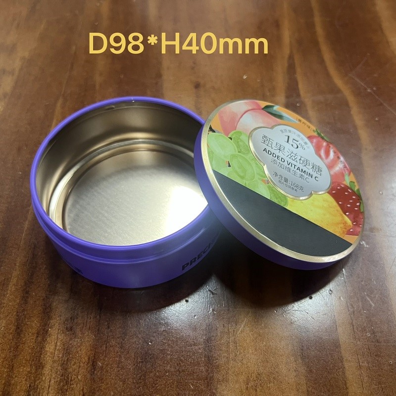 Runde Bonbon-Blechdose D98*H40mm, lebensmittelechter Weißblech-Metallbehälter für Vitamin-C-Hartsüßigkeiten-Geschenkverpackung*